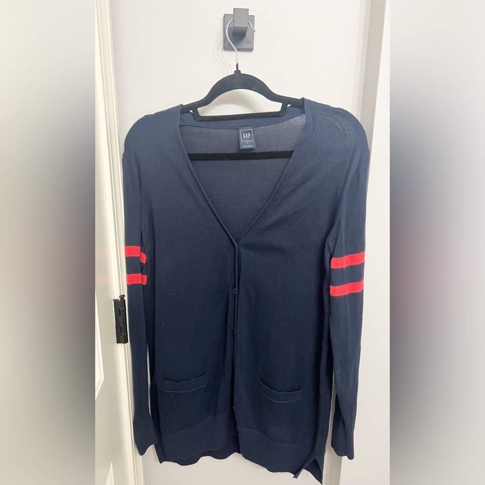 Gap Cardigan Navy Blue with orange stripes on sleeve